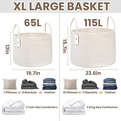 Woven Blanket Basket,65L Large Rope Storage Bin with Handles, Organizer for Blankets Toys Book and Clothes, Laundry Basket for Living Room Bedroom Nursery,White
