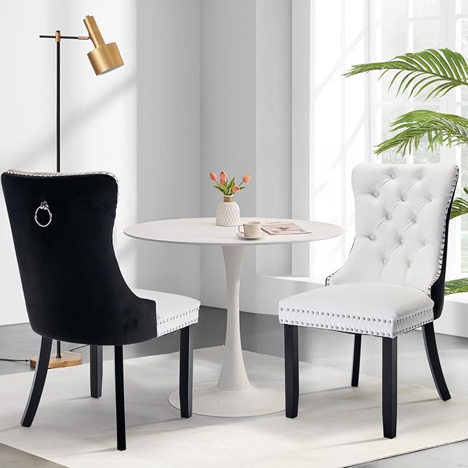 SoarFlash Kitchen Table and Chairs for 2, 31.5" Dining Table Set for 2 with Leather Upholstered Chairs, 3 Piece Round Kitchen Table Set, Dining Room Table Set for Small Space, Apartment, Black/White