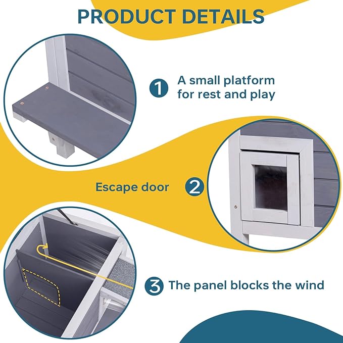 GEGURI Insulated Cat House Outdoor Weatherproof, Feral Cat Shelter for Winter, Large Wooden Enclosure