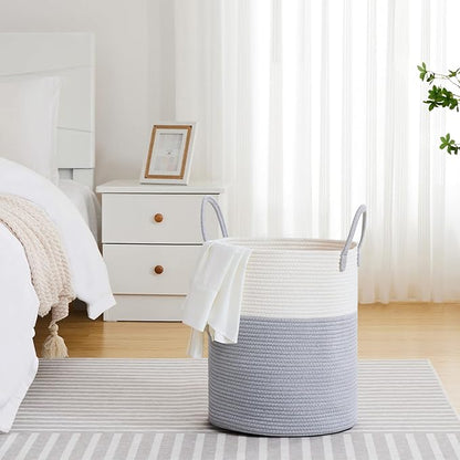VIPOSCO Large Laundry Hamper, Tall Woven Rope Storage Basket for Blanket, Toys, Dirty Clothes in Living Room, Bathroom, Bedroom - 53L Grey & White