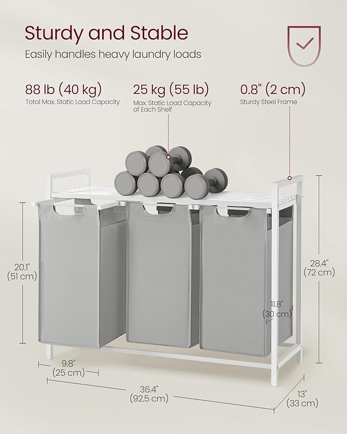 VASAGLE Laundry Hamper, Laundry Basket, Laundry Sorter with 3 Pull-Out and Removable Bags, Shelf, Metal Frame, 3 x 10.6 Gallons (40 L), 36.4 x 13 x 28.4 Inches, Dove Gray and Cloud White UBLH301W03