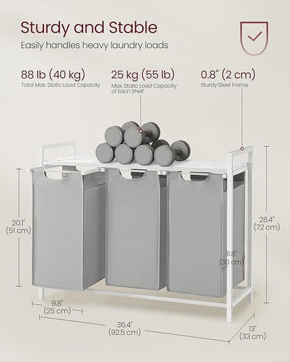 VASAGLE Laundry Hamper, Laundry Basket, Laundry Sorter with 3 Pull-Out and Removable Bags, Shelf, Metal Frame, 3 x 10.6 Gallons (40 L), 36.4 x 13 x 28.4 Inches, Dove Gray and Cloud White UBLH301W03