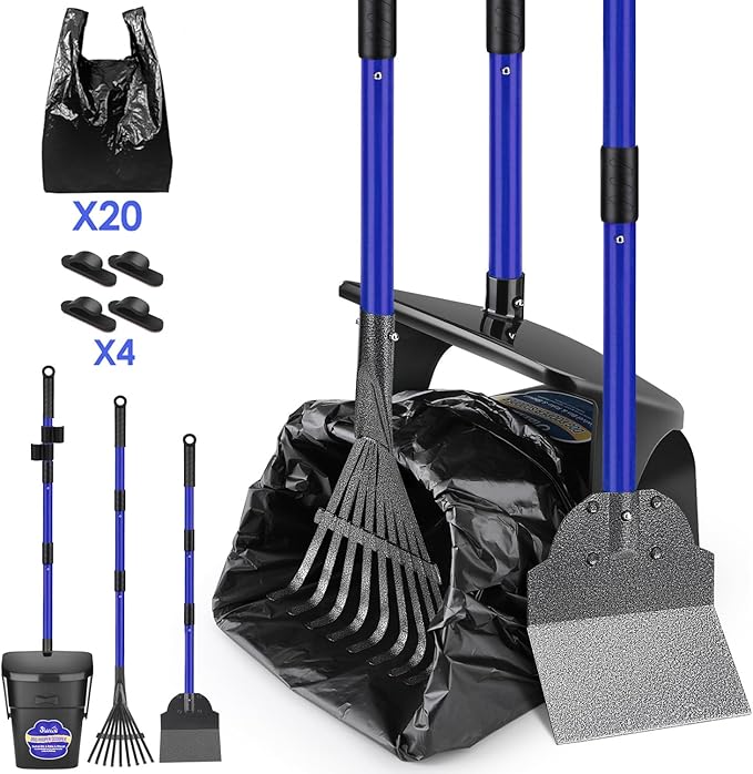 Lukovee Dog Pooper Scooper, 37.4" Long Adjustable Metal Handle Swivel Bin & Rake & Spade Kit with 20 Poop Bags, Portable Dog Non-Breakable Poop Scooper for Gravel Yard Lawn Grass, Blue