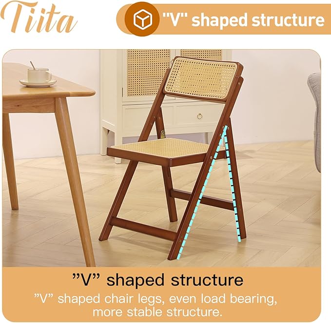 Tiita Rattan Dining Chairs Set of 1, Mid Century Modern Folding Chair, Bamboo Folding Dining Chairs for Small Space, Dining Room, Living Room, Bedroom, Walnut