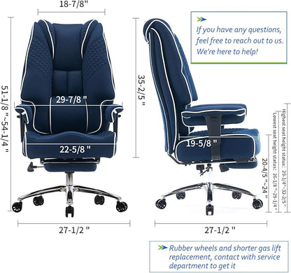 Big and Tall Office Chair 400lbs Wide Seat, Leather High Back Executive Office Chair with Lumbar Support, Ergonomic Chairs Padded Armrests & Thick Cushion (Mesh Blue)