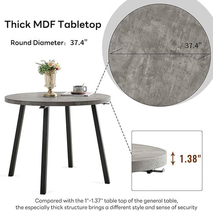 5-Piece Round Table Set for 4, 37.4" Grey Round Table with Hooks, Solid MDF Tabletop, Industrial Kitchen Table with Brown PU Dining Chairs for Living Room, Dining Room