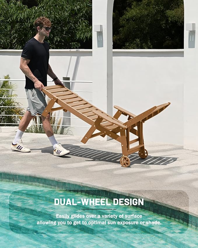 Lounge Chair Outdoor, Chaise Lounge, HDPE 6-Position Outdoor Chaise Lounge, Patio Lounge Chair with Wheels & Cup Holder for Pool Poolside Deck Backyard, Teak