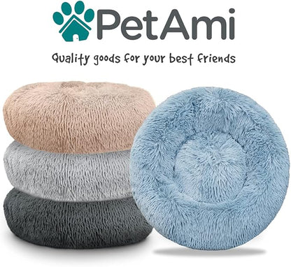 PetAmi Calming Dog Bed for Small Medium Dog Cat, Round Donut Dog Bed Washable, Fluffy Faux Fur Plush Cuddler Pet Kitten Cushion Bed, Anti-Slip, Fits up to 25 lbs, 23 inch, Taupe
