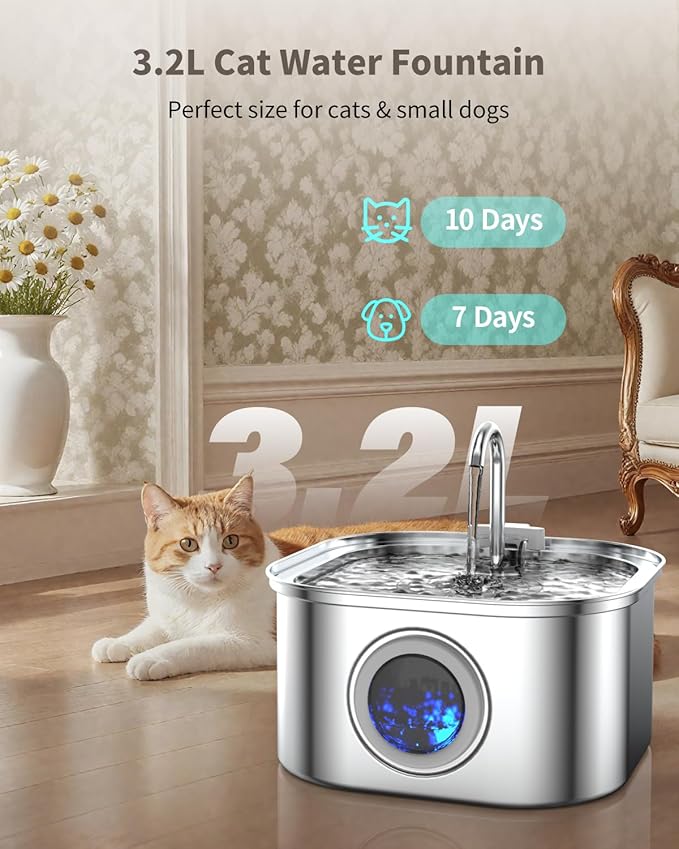 Cat Water Fountain Stainless Steel, 3.2L/108oz Cat Fountain with Large Water Level Window, Pet Water Dispenser with Quiet Pump Ideal for Cats, Dogs and Multi-pet households