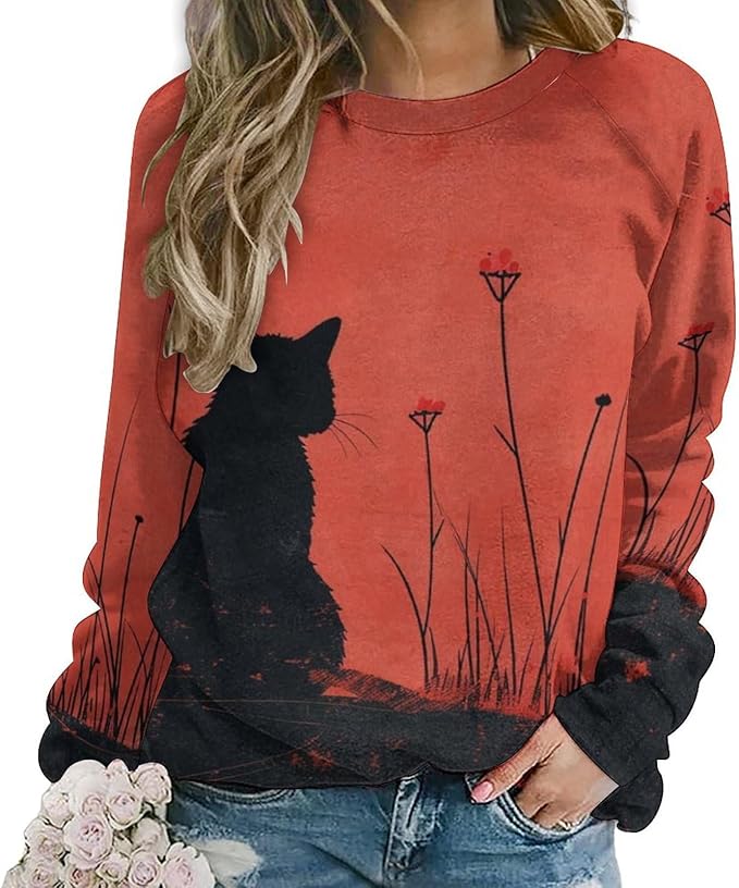 Long Sleeve Shirts for Women Cat Oil Painting Shirt 3D Graphic Sweatshirts Fall Pullover Crewneck Vintage Boho Tops
