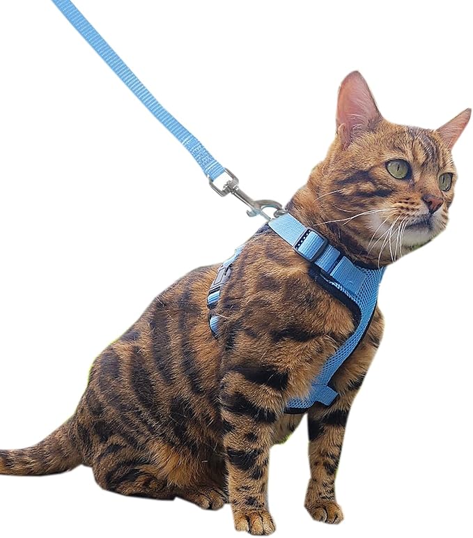Cat Harness and Leash Set,Escape Proof Adjustable Cat Harness,Soft and Breathable Kitten Harness and Leash with Reflective Strips for Walking and Traveling(Light Blue, X-Small(3.3-8.9lb))