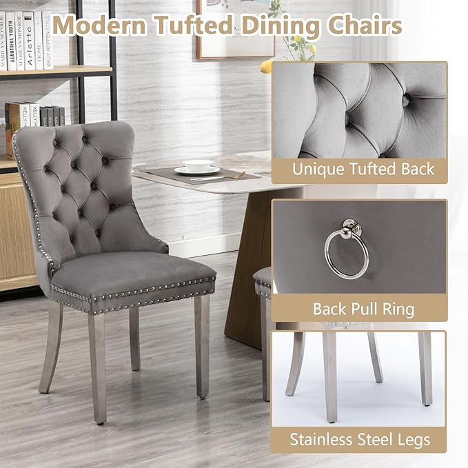 Goujxcy 5 Piece Round Glass Dining Table Set for 4, 47" Round Dining Table & Chair Set Modern Circle Glass Kitchen Table and 4 Velvet Upholstered Chairs for Kitchen Dining (Silver Table & Grey Chair)