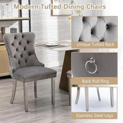 Goujxcy 7 Piece Glass Dining Table Set Modern Glass Dining Table Set for 6, 61" Rectangular Silver Kitchen Table and 6 Velvet Upholstered Chairs, Silver Table & Gray Chair