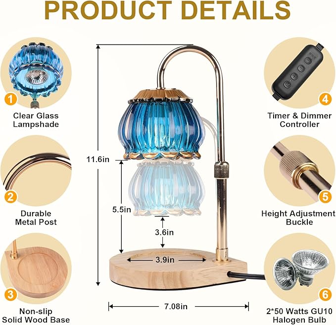Candle Warmer Lamp with Timer, Dimmable Candle Warmer Lantern Light, Electric Glass Shade Jar Candle Warming Holders for Warming House Warming Decoration Christmas Gift for Women,Blue