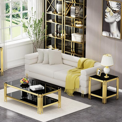 Glass Gold Coffee Table Set of 2,Modern Coffee Table and End Table w/Storage,Glass Coffee Table Set with Stainless Steel Frame,2 Pieces Living Room Table Set for Apartment Home Office