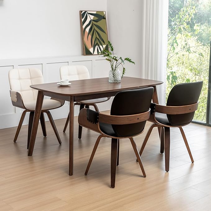 Set of 4 Mid Century Modern Chairs - Swivel Dining Chairs with Arms and Curved Back, Faux Leather Reception Room Chairs, Ideal for Kitchen/Living Room/Reception/Desk (Walnut Black)