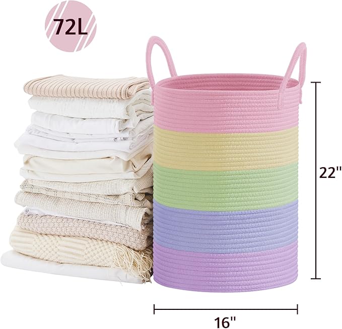 VIPOSCO Large Laundry Hamper, Tall Woven Rope Storage Basket for Blanket, Toys, Dirty Clothes in Living Room, Bathroom, Bedroom - 72L Rainbow