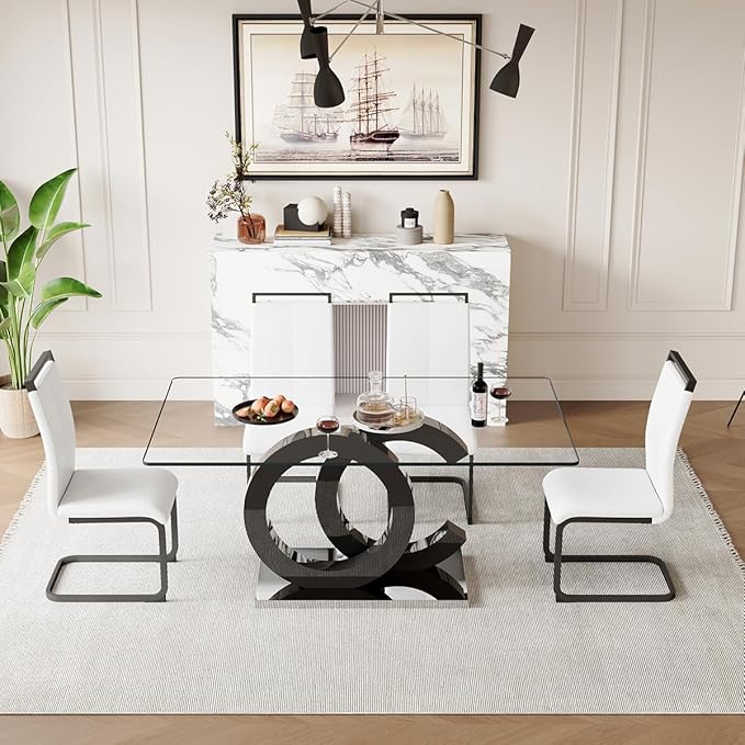 63'' Glass Dining Table Set for 4, Kitchen Table Chairs Set of 4, Clear Glass Dining Table with Black unique design Leg and Silver Metal Base, 4 PU Dining Chairs with Metal Legs, Living Room, Kitchen.