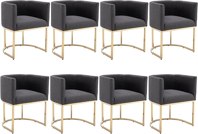 Linen Fabric Dining Chairs Set of 8 Modern Barrel Arm Chairs with Black Frame, Upholstered Kitchen Chairs 18.5" Wide Accent Chairs for Living Room Dining Room Restaurant, Charcoal