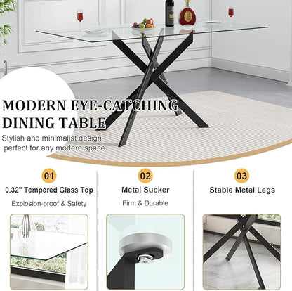 Modern Glass Dining Table Set for 4, Black Glass Kitchen Table and Chairs Set of 4, 5 Piece Dining Room Table Set with 61" Rectangular Metal Glass Dinner Table and 4 Grey Leather Dining Chairs
