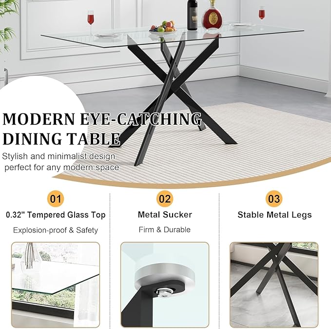 Modern Glass Dining Table Set for 6, Black Glass Kitchen Table and Chairs Set of 6, 7 Piece Dining Room Table Set with 61" Rectangular Metal Glass Dinner Table and 6 Black Leather Dining Chairs