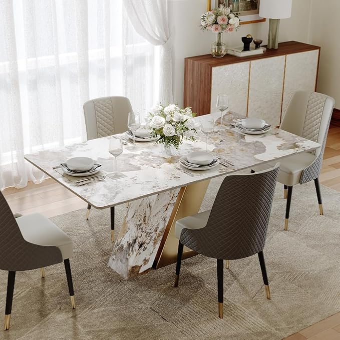 POVISON 63" Modern Luxury Gold Rectangular Dining Table for 4, Glossy Sintered Stone Tabletop, White and Gold Z-Shaped Stainless Steel Base (Dining Table Only)