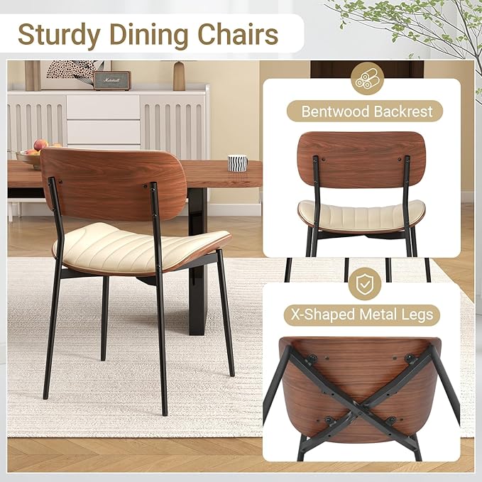 Mid Century Modern Dining Chairs Set of 4,Upholstered Faux Leather Kitchen Chairs with Walnut Bentwood Back and Metal Legs for Kitchen Dining Room Living Room, Beige