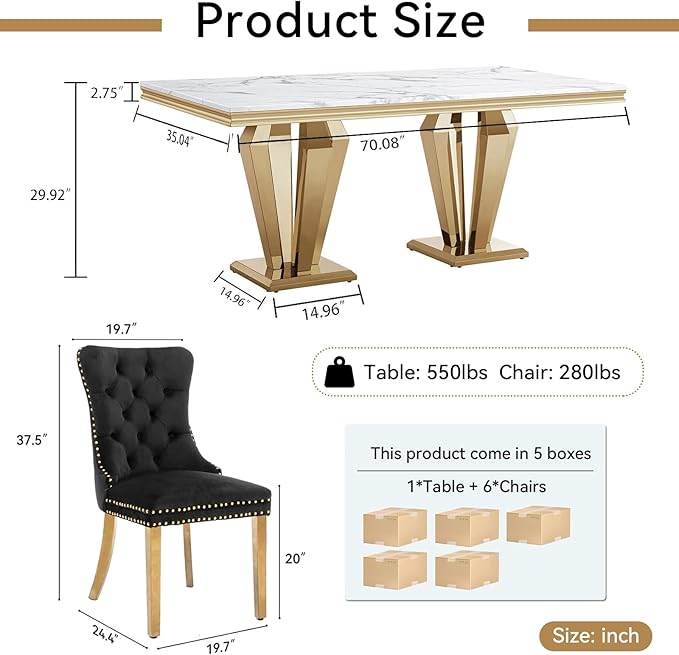 70" Faux Marble Dining Table Set for 6, 7-Piece Dining Set with White Gold Kitchen Table and 6 Velvet Tufted Chairs, Modern Rectangular Dining Room Table with Diamond-Shape Stainless Steel Base