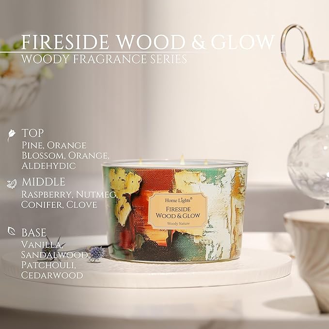 HomeLights 4-Wick Candles for Home Scented - 18oz Soy Wax Blend Candle Long-Lasting Fragrance, Industrial Chic Home Decor and Housewarming Gifts, Fireside Wood & Glow