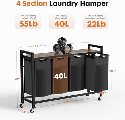 Sweetcrispy Laundry Hamper with 4 Pull-Out Removable Sorter Bags, Movable Wheels, Freestanding Clothes Basket Organizer in Bathroom, 4 × 10.6Gal (160L) Capacity, Rustic Brown and Black