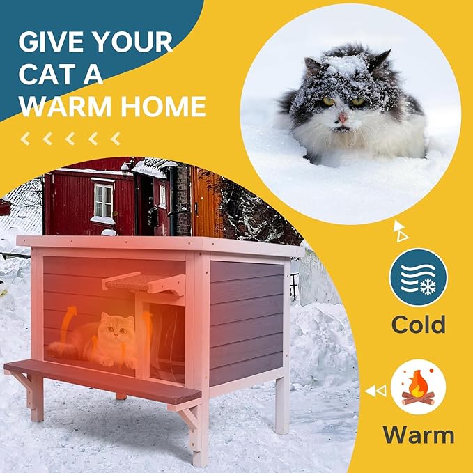 GEGURI Insulated Cat House Outdoor Weatherproof, Feral Cat Shelter for Winter, Large Wooden Enclosure