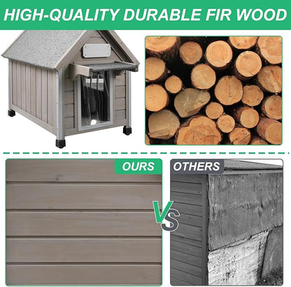 PetsCosset 20.5" L Outdoor Dog House with Waterproof Asphalt Roof for Small to Medium Dogs,Large Wooden Indoor Dog Kennel with Anti-Chewing Metal,Oxford Cloth Window,Durable Doghouse for 1-2 Dogs
