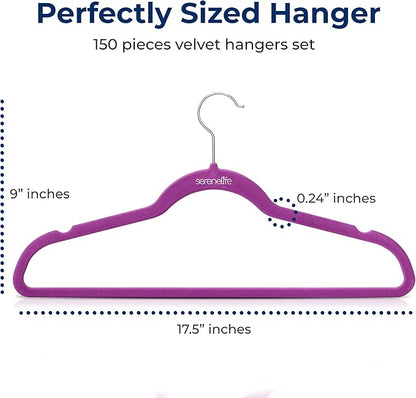 SereneLife 150 Pack Velvet Hangers - Non-Slip with 360° Swivel Hook - Ultra-Thin, Lightweight, Space-Saving, Felt Hangers for Shirts, Sweaters, Hoodies, Kids Clothes & Dresses