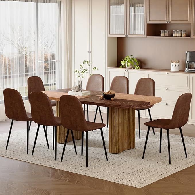 79" Large Dining Table Set for 8, Rectangular Wood Dining Room Table with 8 Suede Upholstered Chairs, 1.7" Thick Two-Color Wood Top & Sculpted Wave Legs, Modern Farmhouse Kitchen Table and Chairs Set