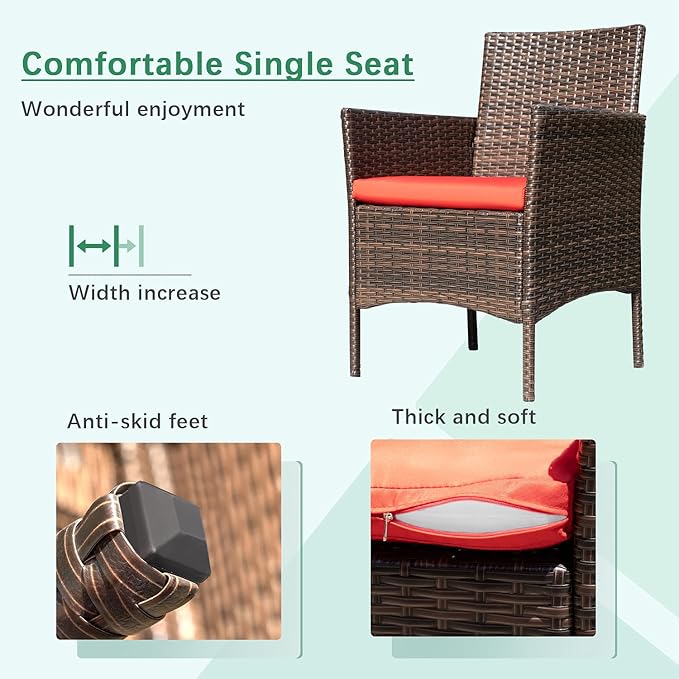 Greesum Patio Furniture 4 Pieces Conversation Sets Outdoor Wicker Rattan Chairs Garden Backyard Balcony Porch Poolside loveseat with Soft Cushion and Glass Table, Brown and Red