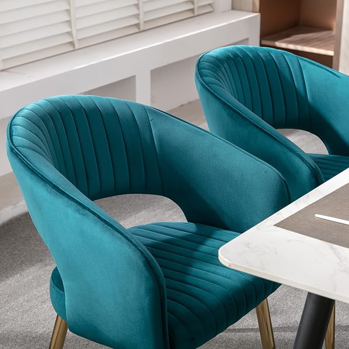 Modern Velvet Dining Chairs Set of 2, Upholstered Gold Dining Chairs with Hollow Back, Dining Room Chairs with Gold Legs, Accent Armrest Kitchen Chairs for Living Room Reception Teal Blue