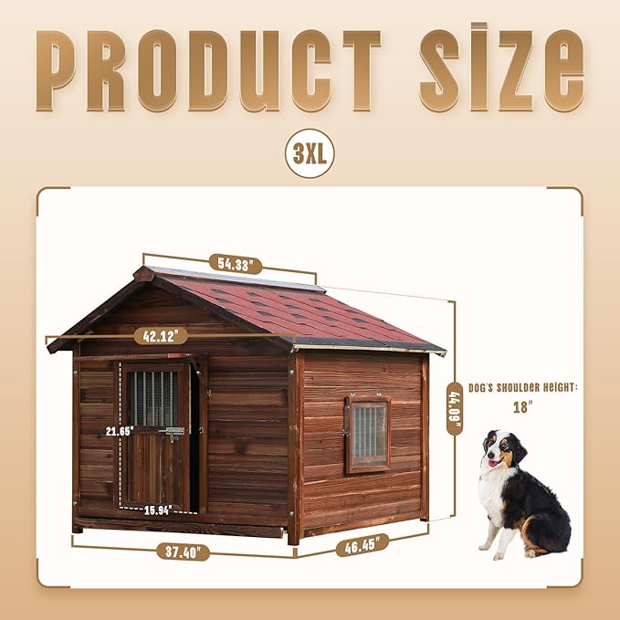 Extra Large Dog House Outdoor Made of Solid Pine Wood, Warm Doghouse, Dog House with Elevated Floor for Large Dogs, (Wood, 3XL)