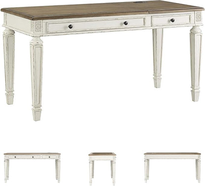 Signature Design by Ashley Realyn French Country 60" Home Office Lift Top Desk with USB Charging, Chipped White