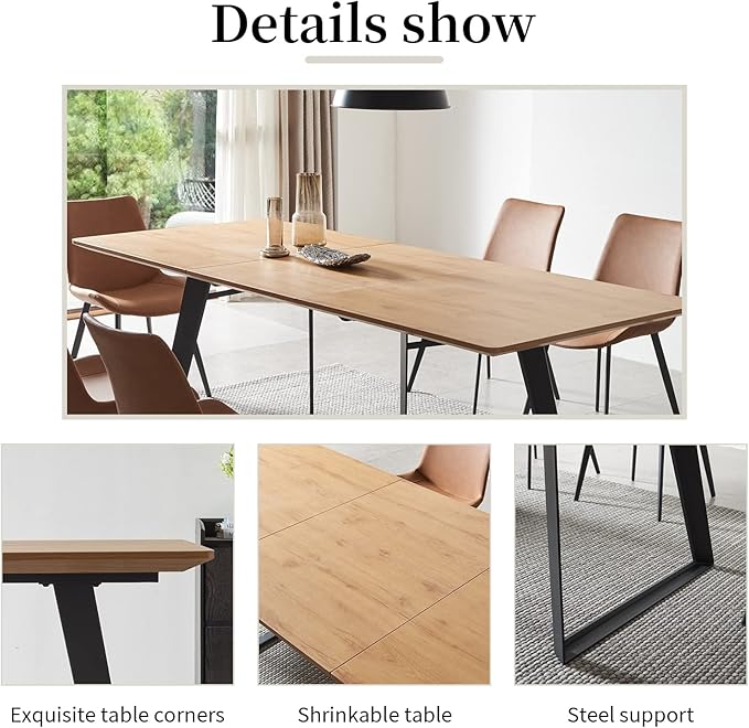 7-Piece Dining Table Set, 51"-67" Extendable Mid-Century Modern Oak Table with 6 Upholstered Chairs, White Fabric Seats, Leather Backrest, Metal Frame, Space-Saving Design for Kitchen & Dining Room