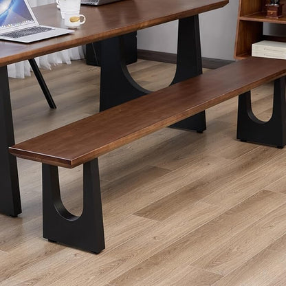 Walnut Color Long Bench Solid Wood Top Metal Legs U-Shaped Design Durable Sturdy Dining Bench Ideal for Office Home Restaurant Patio Multiple (Bench, 55.12in)