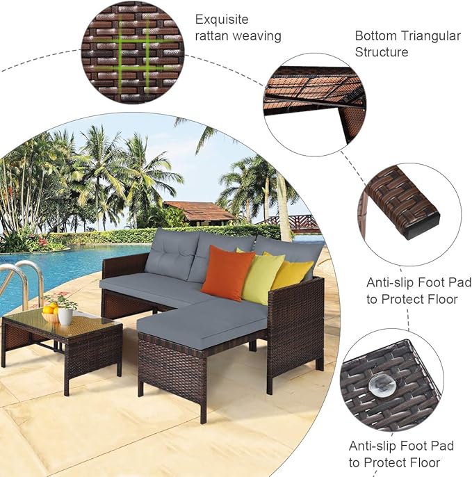 Tangkula Patio Corner Sofa Set 3 Piece, Outdoor Rattan Sofa Set, Includes Lounge Chaise, Loveseat & Coffee Table, Patio Garden Poolside Lawn Backyard Furniture