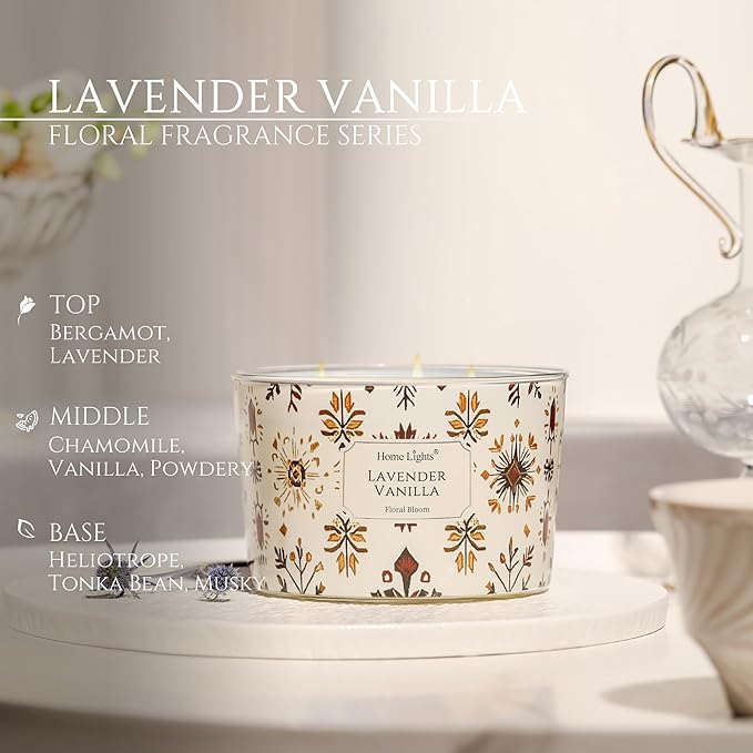 HomeLights Large jar Candle | 4-Wick Long-Lasting Scented Candles, 18oz Natural Soy Wax Candle for Home Scented, Bohemian Natural Textures Gifts for Women & Men, Lavender Vanilla