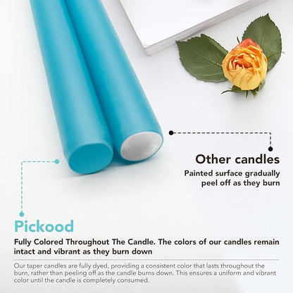 New Burning Formula Unscented Dripless 10-Inch Taper Candles Set of 12 - Turquoise, for Wedding, Dinner - Smokeless, Long Burning - Hand Poured, Colored Tall Candlesticks - Turquesa