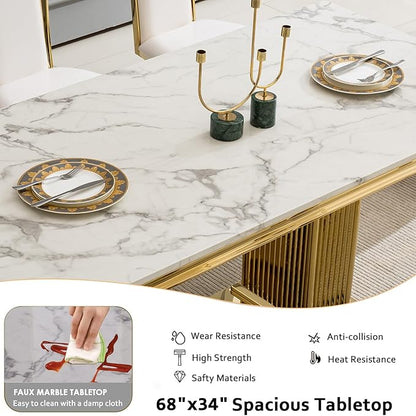 68" Faux Marble Dining Table Set for 6, 7-Piece Dining Set with White Gold Kitchen Table and 6 Velvet Tufted Chairs, Modern Rectangular Dining Room Tables with Column-Shape Stainless Steel Base