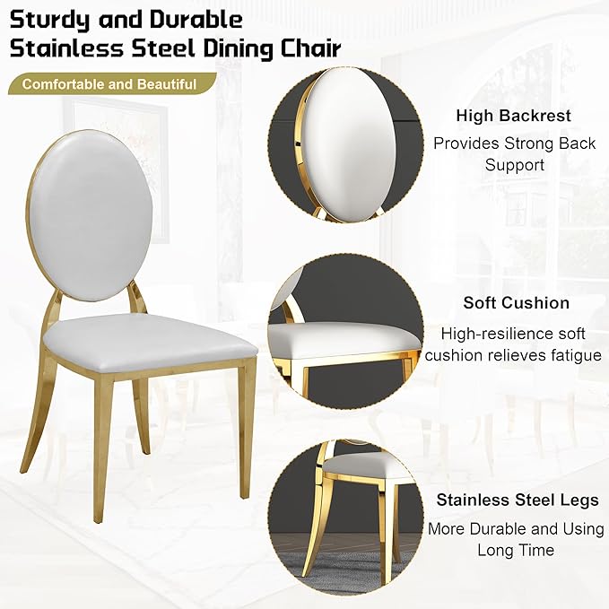 7-Piece Dining Table Set for 6, Faux Marble Modern Dining Table Set with 6 Oval Backrest Upholstered Chairs, 70“ Stainless Steel Legs Table & Chair Set for Kitchen, White & Gold