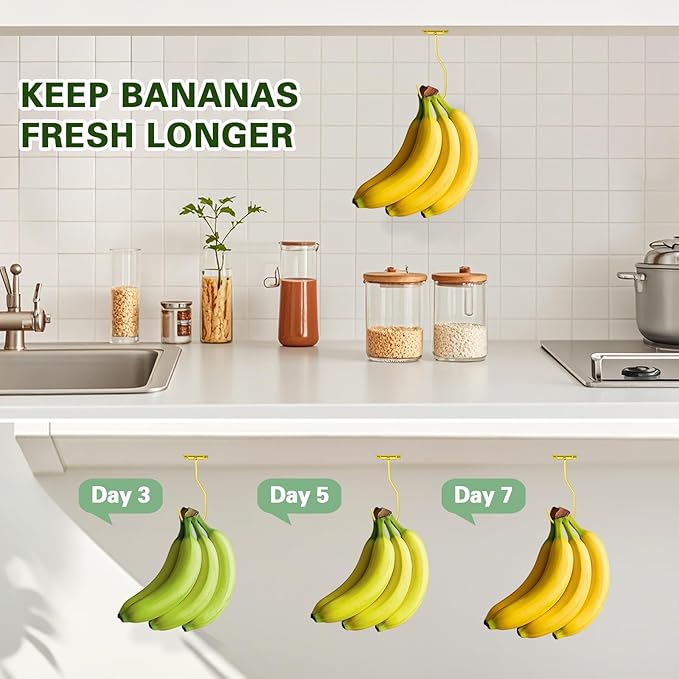Banana Hanger Hook – Space Saving Banana Holder Hanger to Keep Bananas Fresh, Self Adhesive and Screw Banana Hook 1Pack Gold
