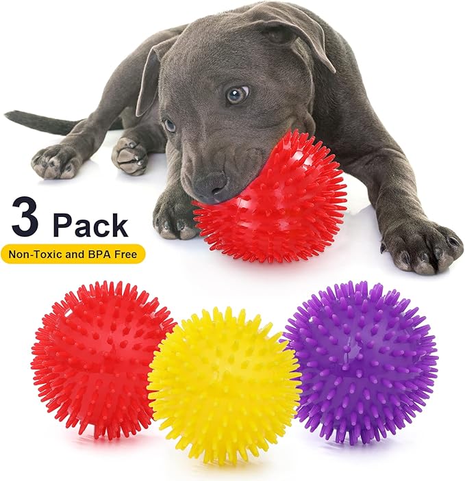 VITEVER 3 Colors 4.5” Heavy Duty Squeaky Dog Toy Balls for Medium Large Dogs, Dog Chew Toys for Teething, Spiky Balls for Aggressive Chewers, Durable Toys for Teeth Cleaning and Training