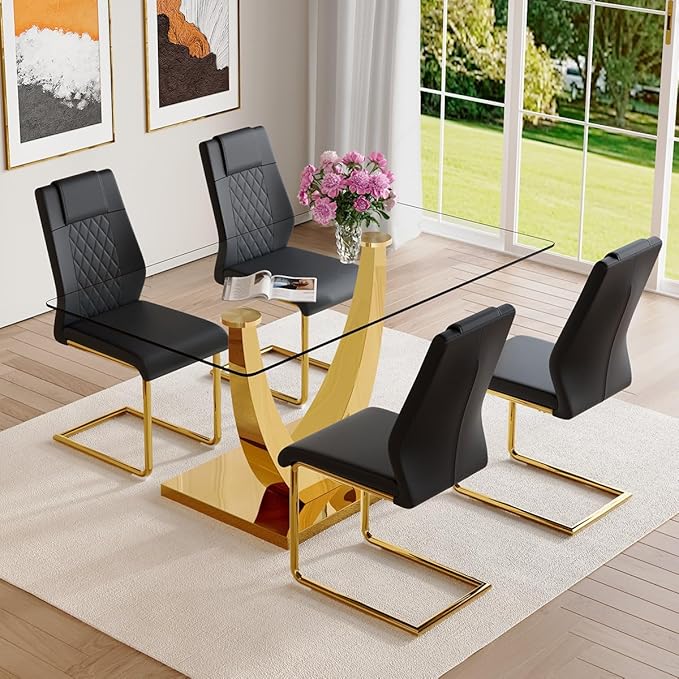 AZmac 63" Glass Dining Table Set for 4,Luxury Gold Dining Room Set with Stainless Steel Pedestal, Rectangular Tempered Glass Kitchen Table with PU Leather Chairs, for Kitchen Apartment