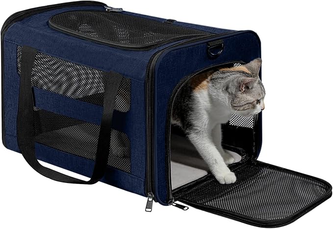Cat Carrier Soft-Sided 18x11x11 Inch Travel Bag for Medium Cats Over 15lbs, Small Dog Carrier Crate Top Entry Breathable Mesh Puppy 12 Pounds, Pet Rabbit Carrying Cage Kennel Collapsible Navy