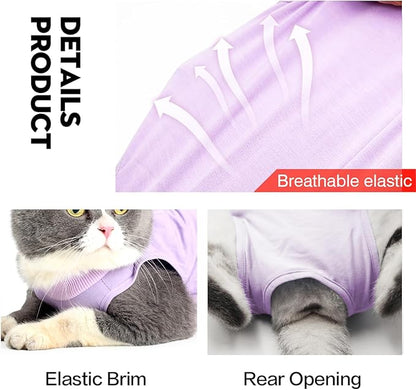 Cat Recovery Suit for Male and Female Surgical Post Surgery Soft Cone Onesie Shirt Clothes Neuter Licking Protective Diapers Outfit Cover Kitten Spay Collar(L, Purple)
